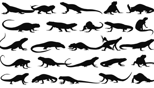 Lizards are depicted in a comprehensive collection of black silhouettes showcasing various crawling poses and tail positions for use in educational design projects or creative wildlife art.