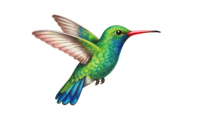 Fototapeta premium Vibrant green hummingbird with red beak wings spread, isolated on transparent background