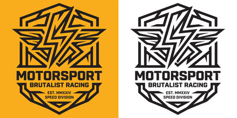 Brutalist Motorsport Racing Speed Division Logo Badge with Sharp Geometric Lightning Bolt © Hamdani
