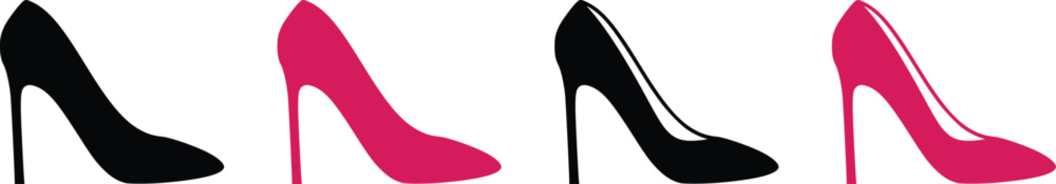 Women high heel shoes vector icon set. Elegant stiletto pump silhouettes in black and pink colors for fashion, beauty, and luxury design.