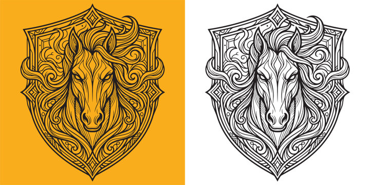 Elegant Majestic Horse Head Portrait with Flowing Mane on Ornate Shield Background