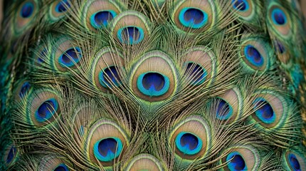 Fototapeta premium Vibrant peacock feathers with blue eyespots.