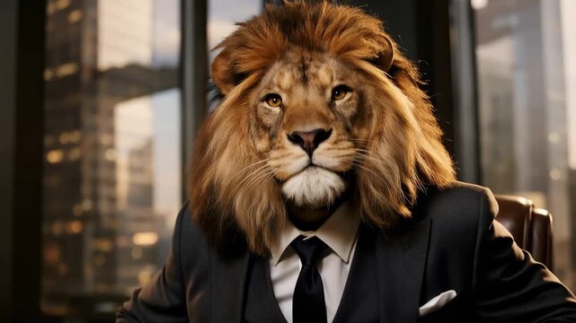 Confident and powerful businessman with a lion's head wearing an elegant suit, sitting in a leather chair inside a modern office with a cityscape view, representing leadership and ambition