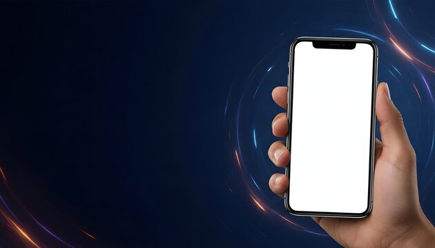 Hand holding a blank smartphone screen with vibrant blue and orange abstract lighting effects in the background.