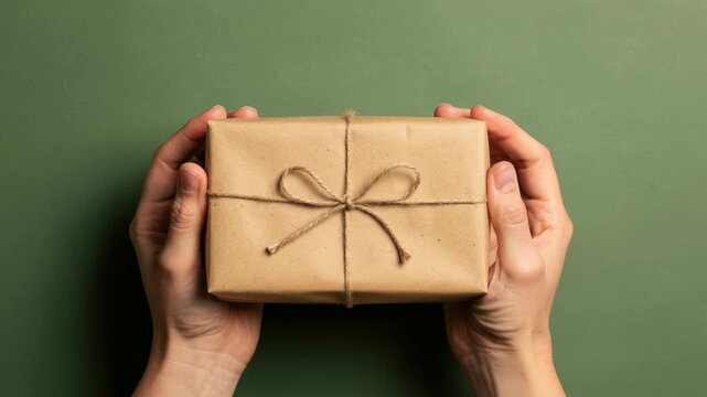 Person holding eco friendly gift box wrapped in brown paper and twine on green background