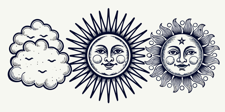 Anthropomorphic sun moon and cloud illustration in vintage engraving style