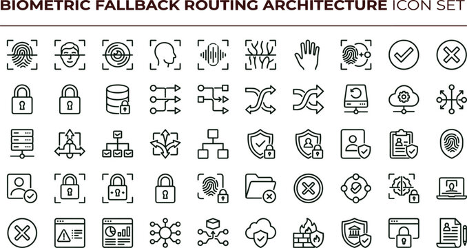 Biometric fallback routing architecture line icon set for identity authentication dashboard ui secure recovery and access control workflow