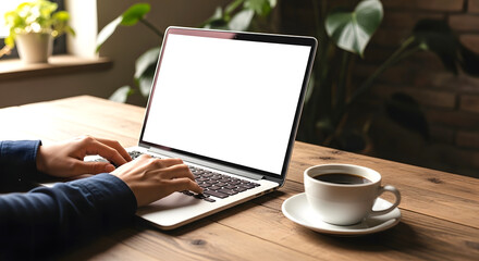 Fototapeta premium Person typing on laptop with coffee cup on wooden table near indoor plants