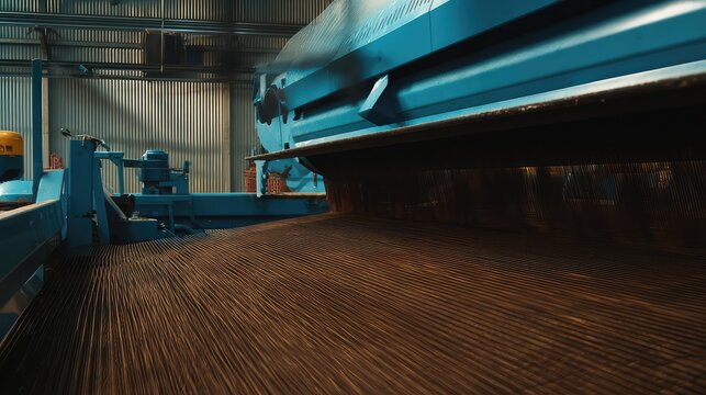 Industrial manufacturing line producing rows of thin metal wires and cables, precise automated machinery in a large factory setting, close up of parallel metallic textures and patterns