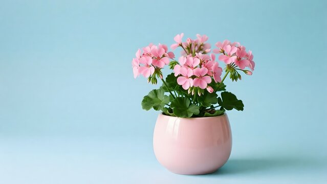 Pink geranium flowers in light pastel pink ceramic pot
