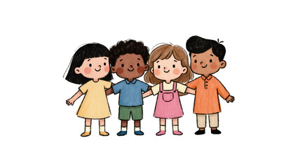 Diverse group of four cartoon children holding hands, isolated on transparent background