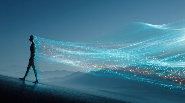 Silhouetted figure walking with flowing streams of light and data over a mountain landscape under a blue sky.