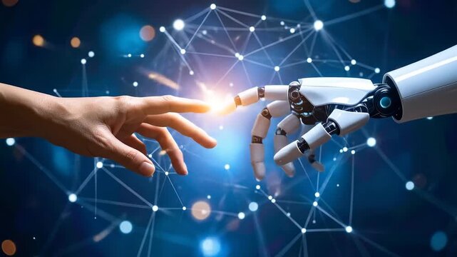A human hand reaches out to touch a robotic finger in a digital space