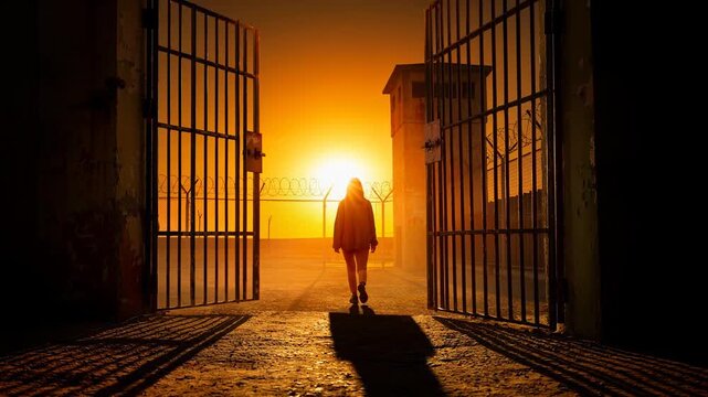 Person walking through open prison gates at sunset symbolizing freedom and hope