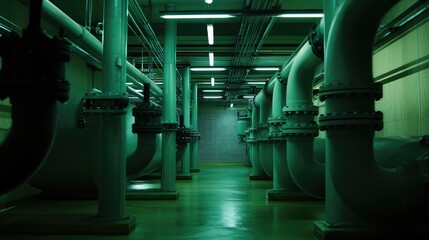 Fototapeta premium Industrial facility basement featuring a symmetrical arrangement of large metallic pipes and valves, illuminated by green fluorescent lights, creating an atmosphere of engineering and infrastructure