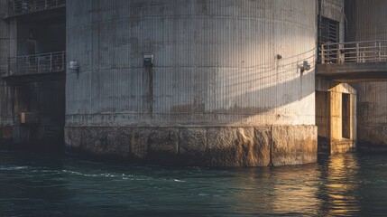 Naklejka premium Concrete brutalist architecture forming a large industrial structure with a lower section immersed in flowing water, featuring strong shadows and direct sunset light across its textured surface