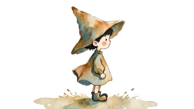 Child in oversized wizard hat and cloak standing on muddy ground, isolated on transparent background
