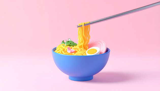 Delicious Ramen Noodles Being Lifted with Chopsticks from Blue Bowl.