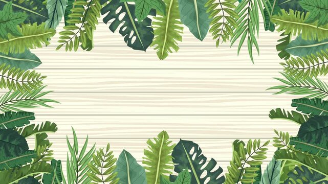 Tropical leaf border animation on light wooden background for summer holiday and nature concept videos.