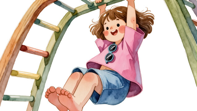 Joyful girl swinging on monkey bars, isolated on transparent background