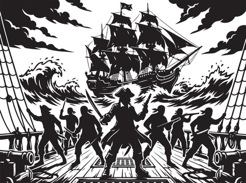 Pirate ship battle, black and white vector, sailing ship, swashbuckling pirates, nautical scene