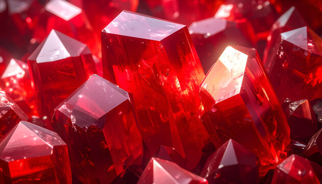 Close-up Macro View of Vibrant Red Crystals with Sharp Facets.