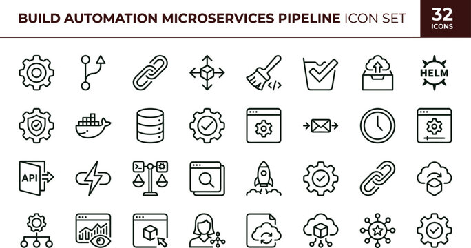 Build automation microservices pipeline line icon set for devops dashboard ui cloud deployment and ci cd workflow management