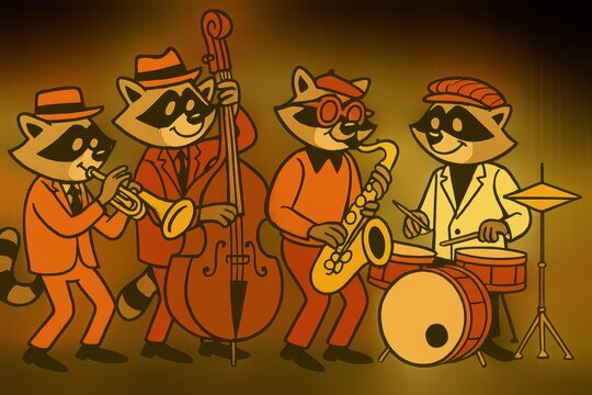 Funny cartoon raccoon jazz quartet band playing musical instruments on stage