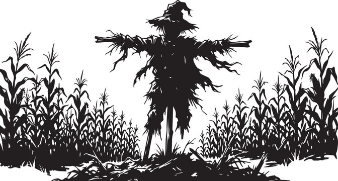 Scarecrow, straw man, cornfield silhouette, black vector icon, farm symbol