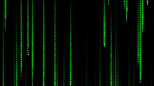 Falling green digital code characters on black background seamless loop