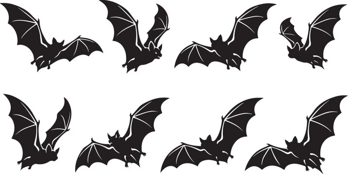 Black bat silhouettes, flying bats, Halloween icons, vector graphics, dark creatures