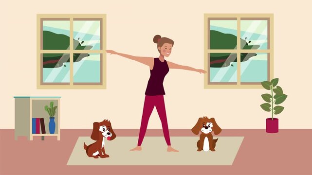 Woman practices yoga with her two dogs in a bright living room with windows.
