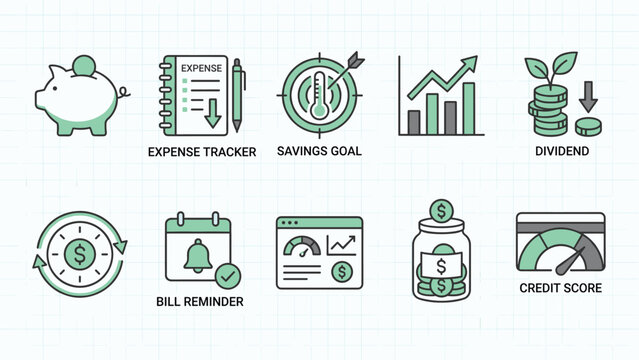 Personal finance budgeting icon set vector piggy bank expense tracker savings goal credit score green icons
