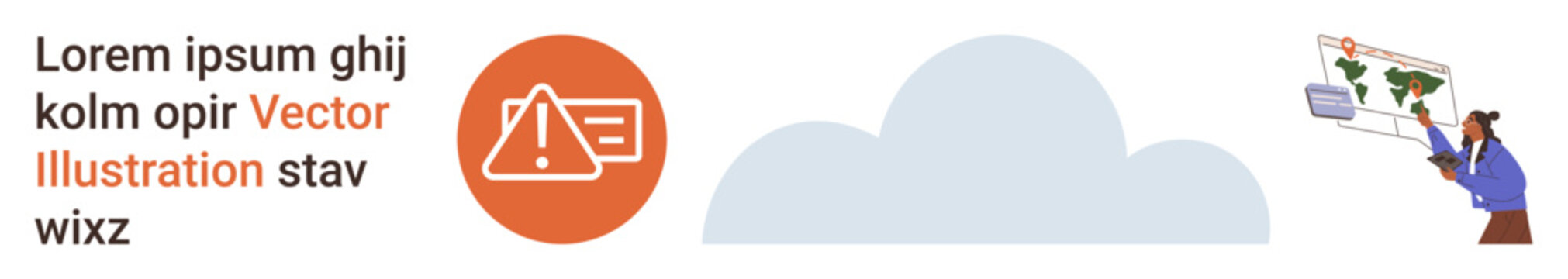 Data security, weather forecast, online education, risk management, cloud computing, teaching. Warning icon, cloud shape educator presenting a chart. Data security and weather forecast