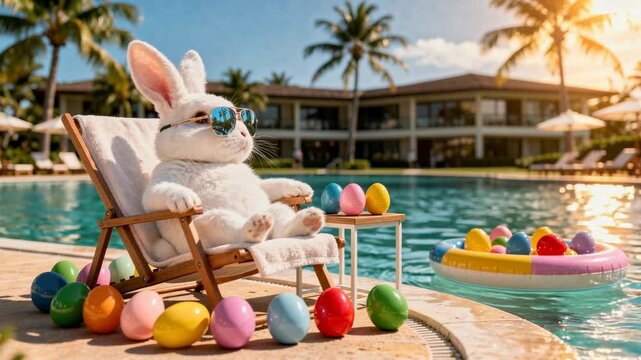 Cute white rabbit relaxing by pool with sunglasses surrounded by colorful Easter eggs on a sunny day