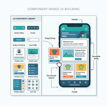 Diagram showing the modern component-based user interface building process, with drag and drop assembly of modular UI elements for mobile application development