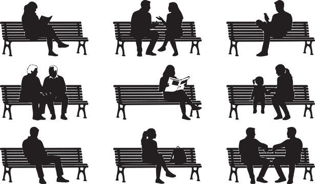 Black silhouette people sitting on benches, vector icons set, 9 illustrations