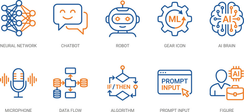 AI machine learning icon set vector neural network chatbot robot algorithm prompt input blue orange icons
