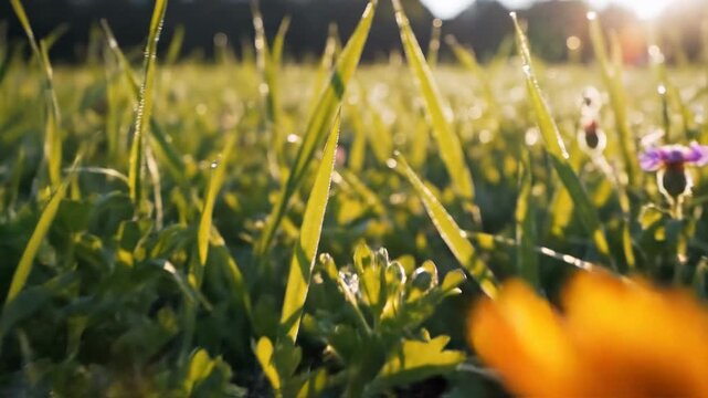 Sunrise dew drops on a glistening spider web and green grass, morning light highlights intricate threads and fresh nature, perfect for springtime and organic themes