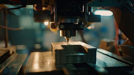 Fototapeta premium Automated cnc milling machine precisely carving a metal workpiece, shaping industrial components with advanced computer numerical control for high precision manufacturing and fabrication