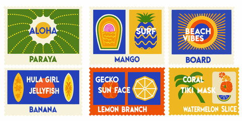 Collection of colorful retro travel stamp icons with tropical themes © Asish