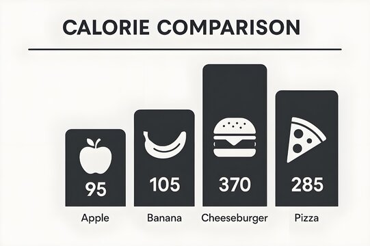 Food Calorie Comparison Chart with Bar Graph Showing Apple Banana Cheeseburger and Pizza for Weight Loss and Nutritional Awareness