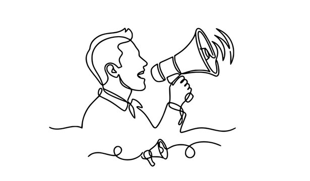 Continuous line man with megaphone vector black and white announcement