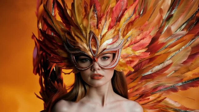 Beautiful woman wearing a vibrant phoenix costume with large wings, a decorative mask, and a feather corset, posing with confidence against a warm, fiery background in a studio