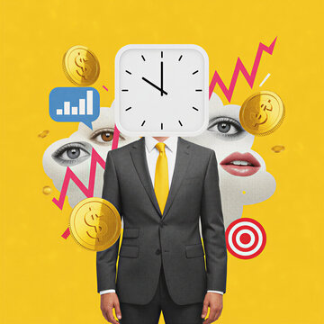 businessman with clock head and financial symbols