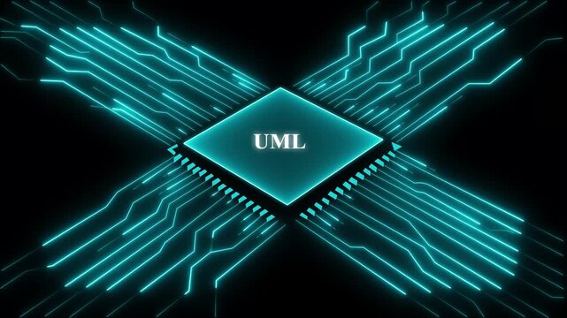 U M L Unified Modeling Language Circuit Board Microchip with Blue Neon Lights on Black Background Technology Concept for Software Development and Engineering .Technology and network concept. 