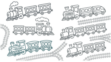 Naklejka premium Set of various steam and electric trains with tracks for children games.