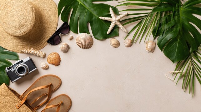 Summer beach accessories arranged with tropical leaves and seashells
