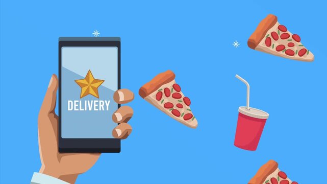 Online food delivery application animation with hand holding smartphone and pizza slices moving on blue background.