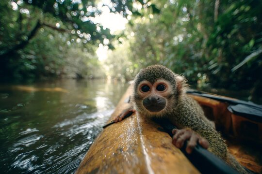 Curious squirrel monkey clinging to a yellow kayak, exploring a vibrant jungle river environment surrounded by lush green trees
